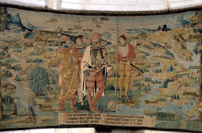 Galathes, stichter van Gallië, omringt metgezellen tegen een achtergrond van landschap met de kaart van Gallië gezien vanuit het noorden, met zeeën en rivieren, namen van de verschillende regio
