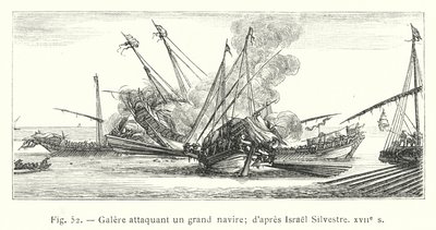 Galei die een groot schip aanvalt; naar Israel Silvestre, 17e eeuw door French School