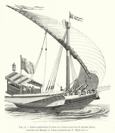 Pauselijke galei met zeilen en roeispanen, voorzien van zware stukken, getekend door Breugel de Oude en gegraveerd door F Huys, 16e eeuw door French School