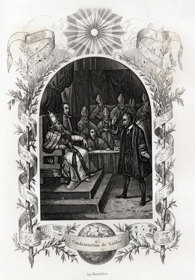 Galileo Galilei (1564-1642) voor de Heilige Officie in het Vaticaan. De astronoom werd in 1632 veroordeeld door het Inquisitie Tribunaal. Gravure ter illustratie van Histoire des popes door Maurice Lachatre (1814-1900), librairie du progres, Parijs. door French School