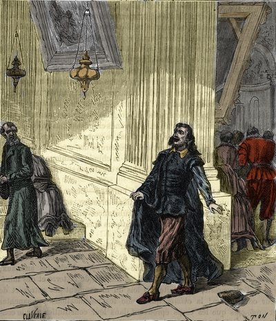 Galileo Galilei (1564-1642), Italiaanse wetenschapper, observeert het slingerende zwaaien van een lamp in de kathedraal van Pisa, Italië, in 1582 - Galileo Galilei genaamd Galilei (1564-1642) observeert de oscillatie van de lamp van de kathedraal van Pisa  door French School