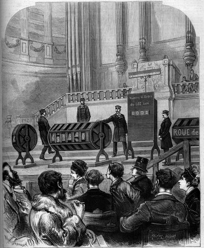Kansspel: trekking van de Nationale Loterij in de feestzaal van het Trocadero op 6 januari 1879 in Parijs. Gravure in 