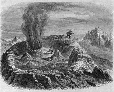 Gasuitbarsting van de Antujo-vulkaan in Chili. Gravure door Freeman in "The Picturesque Magasin" door French School
