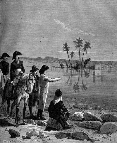 Gaspard Monge, Graaf van Peluse (1746 - 1818), Franse wiskundige tijdens de campagne (expeditie) van Egypte (1798-1801) observeerde het fenomeen van de luchtspiegeling. door French School