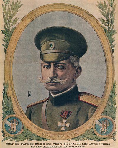 Generaal Aleksei Brusilov, chef van het Russische leger dat de Oostenrijkers en de Duitsers in Wolhynië verpletterde, voorpagina illustratie uit Le Petit Journal, 2 juli 1916 door French School