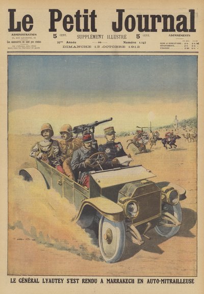 Generaal Hubert Lyautey, Resident-Generaal van Frans Marokko, bezoekt Marrakech in een gepantserde auto door French School