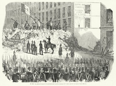 Generaal Lamoriciere onderhandelt met gewapende arbeiders die hun barricade verdedigen buiten de Saint Martin-kazerne, Parijs, 23 juni 1848 (gravure) door French School
