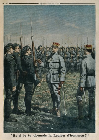 Generaal Petain inspecteert het 42e berginfanterieregiment, en wat als ik je het Legioen van Eer geef, achterpagina illustratie uit Le Petit Journal, supplement illustre, 23 september 1917 door French School