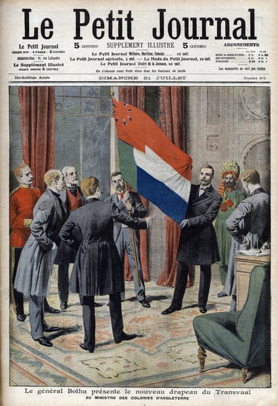 Generaal Pieter Willem Botha (een Boer) presenteert de nieuwe vlag van Transvaal (Zuid-Afrika) aan de Engelse koloniale minister Lord Elgin (
