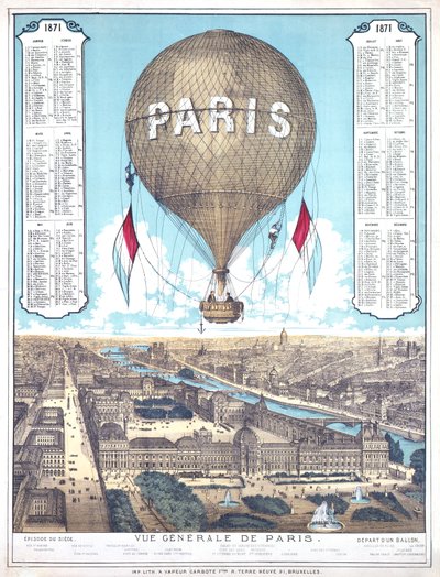 Algemeen overzicht van Parijs en lijst van ballonvertreklocaties tijdens het Beleg van Parijs, 1871 door French School