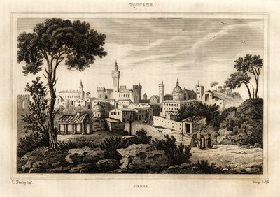 Algemeen uitzicht op Siena in Toscane, gravure door C. Deveze in 