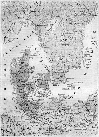 Geografische kaart van Denemarken in 1861, met de hertogdommen Sleeswijk, Holstein en Lauenburg (gravure in 