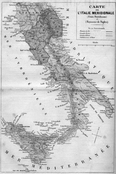 Geografische kaart van Zuid-Italië in 1860: Pauselijke Staten en Koninkrijk Napels. Gravure in 