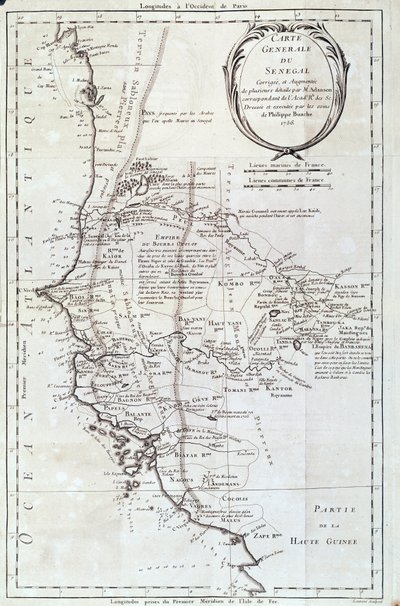 Geografische kaart van Senegal uit een atlas door Philippe Buache (1700-1773) 1756 Parijs, natuurhistorisch museum door French School