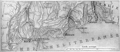 Geografische kaart van het Vorstendom Monaco, in 1861, voordat de stad Roquebrune en Menton zich bij Frankrijk voegden. Gravure in 