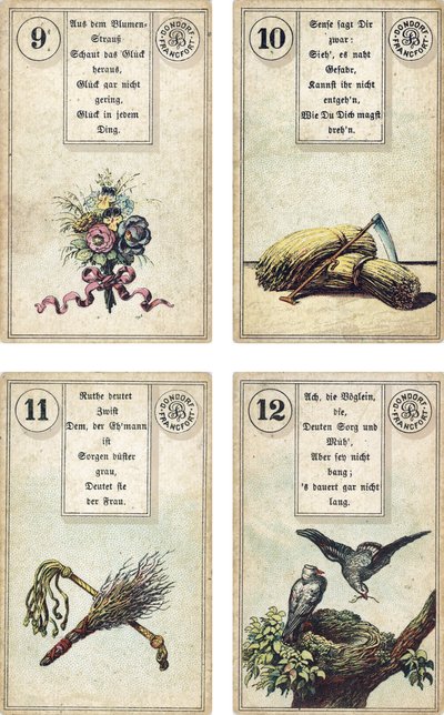 Duitse editie van het Lenormand Franse waarzegkaarten deck: De Bloemen, De Zeis, De Roede, De Zweep, De Vogels, uitgegeven door Dondorf, Frankfurt, 19e eeuw door French School