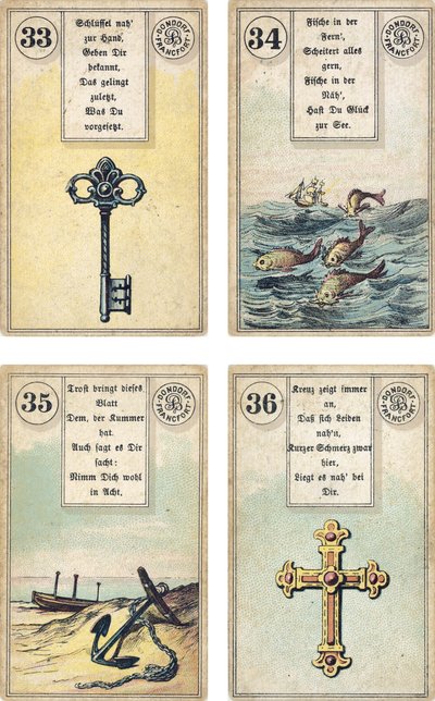 Duitse editie van het Lenormand Franse waarzegkaarten deck: De Sleutel, De Vis, Het Anker, Het Kruis, uitgegeven door Dondorf, Frankfurt, 19e eeuw door French School