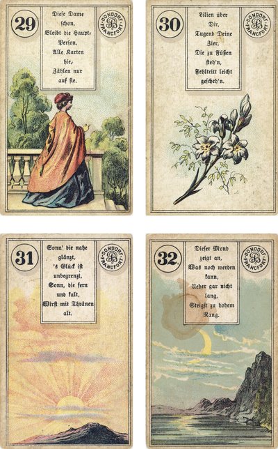 Duitse editie van het Lenormand Franse waarzegkaarten deck: De Dame, De Lelies, De Zon, De Maan, uitgegeven door Dondorf, Frankfurt, 19e eeuw door French School