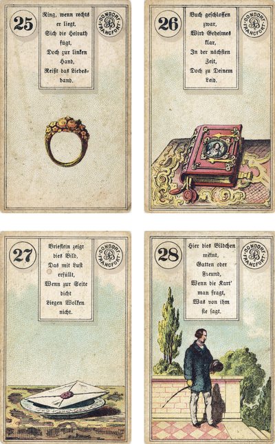 Duitse editie van het Lenormand Franse waarzegkaarten deck: De Ring, Het Boek, De Brief, De Heer, uitgegeven door Dondorf, Frankfurt, 19e eeuw door French School