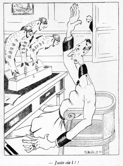 Duitse officier ontvangt drie aprilvissen, cartoon uit de 1 april editie van La Baionette magazine, 29 maart 1917 door French School