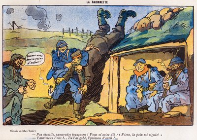 Duitse soldaat gevangen door Franse soldaten als gevolg van een truc, cartoon uit de 1 april editie van La Baionette magazine, 29 maart 1917 door French School