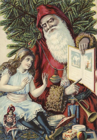 Meisje wordt geïllustreerd boek getoond door de Kerstman door French School