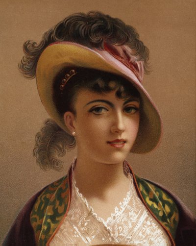 Meisje met roze hoed (chromolitho) door French School