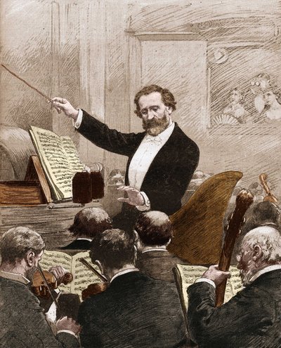 Giuseppe Verdi leidt het operagezelschap bij de eerste uitvoering van 