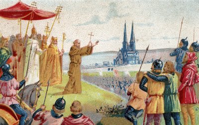 God wil het! Peter de Kluizenaar predikt de Kruistocht (1095 - 1099) Chromolithografie van het einde van de 19e eeuw. door French School