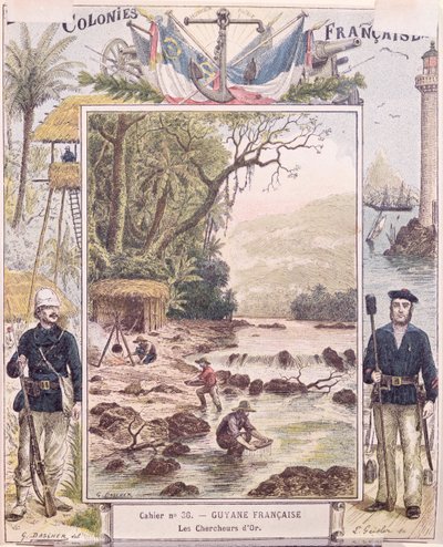 Goudzoekers in Frans Guyana, omslag van schoolschrift, ca. 1880 door French School
