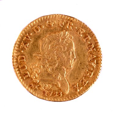 Gouden Franse Louis, regeerperiode van koning Lodewijk XV (1715-1774) 1723 Diam. 2,3 cm Napels, archeologisch museum door French School