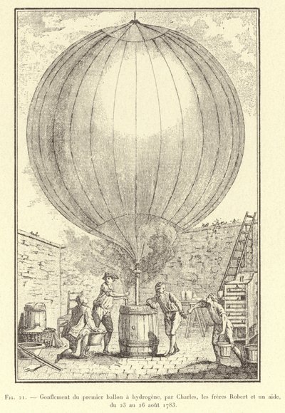 Oplaten van de eerste waterstofballon, door Charles, de gebroeders Robert en een assistent, van 23 tot 26 augustus 1783 door French School