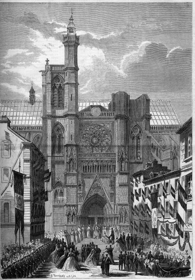 Gotische architectuur: uitzicht op de Kathedraal Notre Dame de Clermont Ferrand, Puy de Dome, tijdens het bezoek van Napoleon III en keizerin Eugenie de Montijo in 1862. Gravure in 