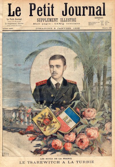 Grootvorst en Russische tsarevitsj George Alexandrovich, de broer van tsaar Nicolaas II bezoekt La Turbie, Frankrijk, 