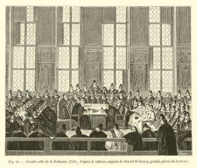 Grote zaal van de Sorbonne, 1732; naar het originele schilderij van Gerard Terbourg, grote galerij van het Louvre door French School