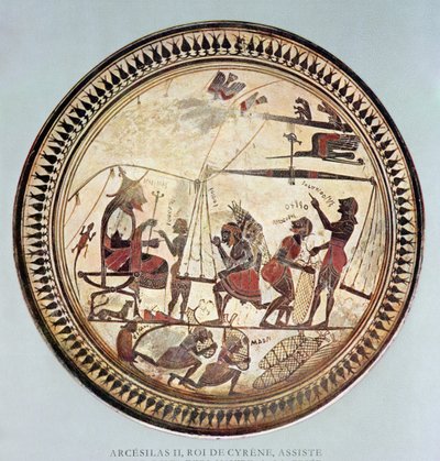 Griekse beker die Arcesilas II, koning van Cyrene (ca. 560-550 v.Chr.) toont die het wegen en laden van silphium bekijkt, kopie van een origineel uit de 6e eeuw v.Chr. door French School