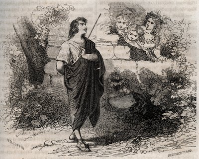 Griekse mythologie: Bacchis en zijn vrienden proberen Gyges te verleiden die weigert en trouw blijft aan zijn overleden vrouw. Gravure uit 1871 in "Histoire Des Cocus Celebres" door Henry de Kock door French School