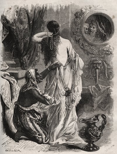 Griekse mythologie: de koning van Lydie Candaule toont zijn vrouw naakt aan zijn vertrouweling Gyges, die zich in de schaduwen verbergt wanneer ze zich in de slaapkamer ontkleedt. Gravure uit 1871 in "Histoire Des Cocus Celebres" door Henry de Kock door French School