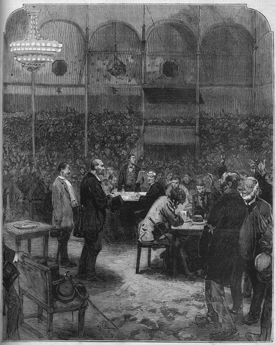 Staking van de koetsiers van Parijs in 1878: verkiezing van afgevaardigden naar het bedrijf van Petites Cars (Petite-Cars) in het Fernando circus. Gravure in 
