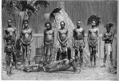 Groep mannen van de Angolese troep tentoongesteld in Parijs tijdens de Wereldtentoonstelling van 1889 (Menselijke Zoo) door French School