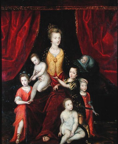 Groepsportret, mogelijk van een koningin met haar zes kinderen, laat 16e of vroeg 17e eeuw door French School
