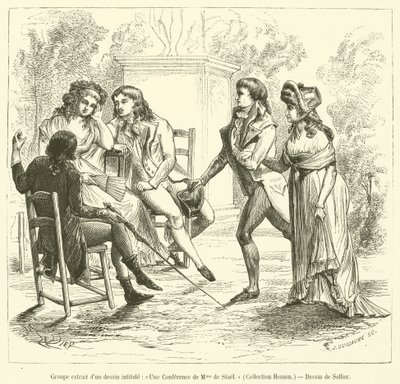 Groep uit een tekening getiteld, Een conferentie van Madame de Stael, Collectie Hennin door French School