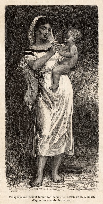 Guaranie vrouw rookt de sigaar voor haar kind, rijdend op haar heup, om haar gehuil te proberen te kalmeren, gravure naar de tekening van D.Maillart, ter illustratie van de reis naar Paraguay in 1872-1873, door L.Forgues, gepubliceerd in 