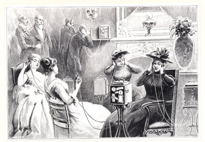 Gasten in een hotel in Parijs luisteren naar directe uitzendingen van opera- of theatervoorstellingen op Marinovitchs en Szarvadys Theatrophone, uit La Nature, gepubliceerd 1892 door French School