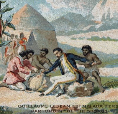 Guillaume Lejean, een Franse ontdekkingsreiziger, werd in de boeien geslagen op bevel van keizer Theodoros van Abessinië (het huidige Ethiopië). Chromolithografie uit de 19e eeuw. door French School