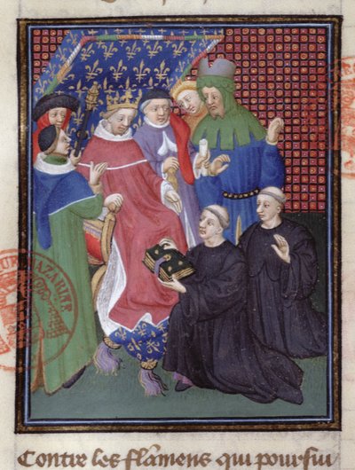 Guillaume de Nangis (gest. 1300 of 1303) presenteert zijn boek aan Filips IV de Schone, koning van Frankrijk van 1285-1314 (perkament) (detail) door French School