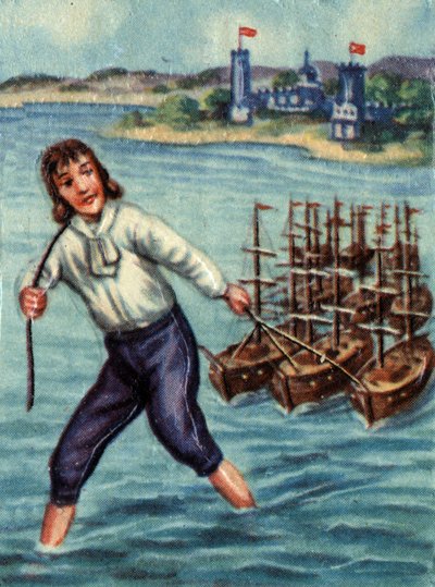Gulliver vuurt vijandelijke schepen naar de haven van Lilliput. Illustratie voor het verhaal 