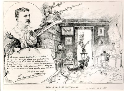 Guy de Maupassant en zijn studeerkamer door French School
