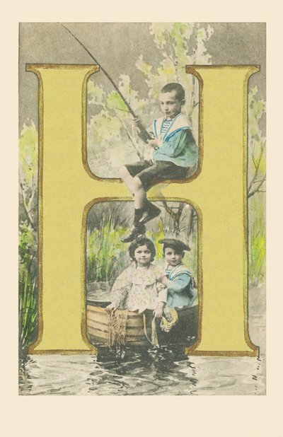 Een jongen met een hengel, twee kinderen in een boot door French School