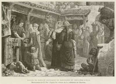 Markthallen van Parijs en winkels van handelaren in de dertiende eeuw door French School